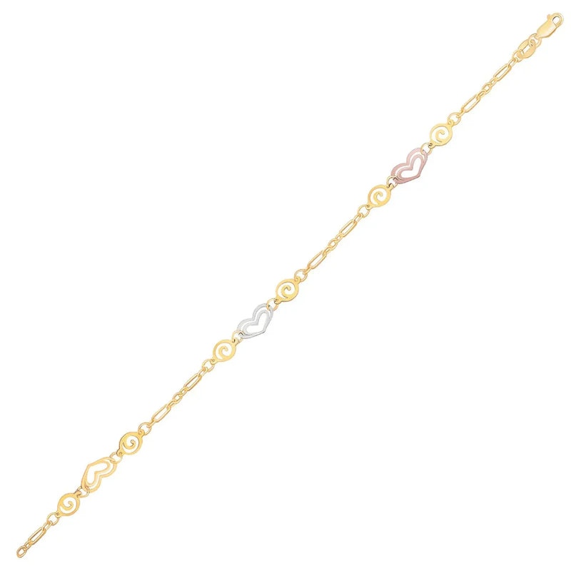 An image displaying 14k Tri-Color Gold Anklet with Multi Color Heart Stations by Orca Market
