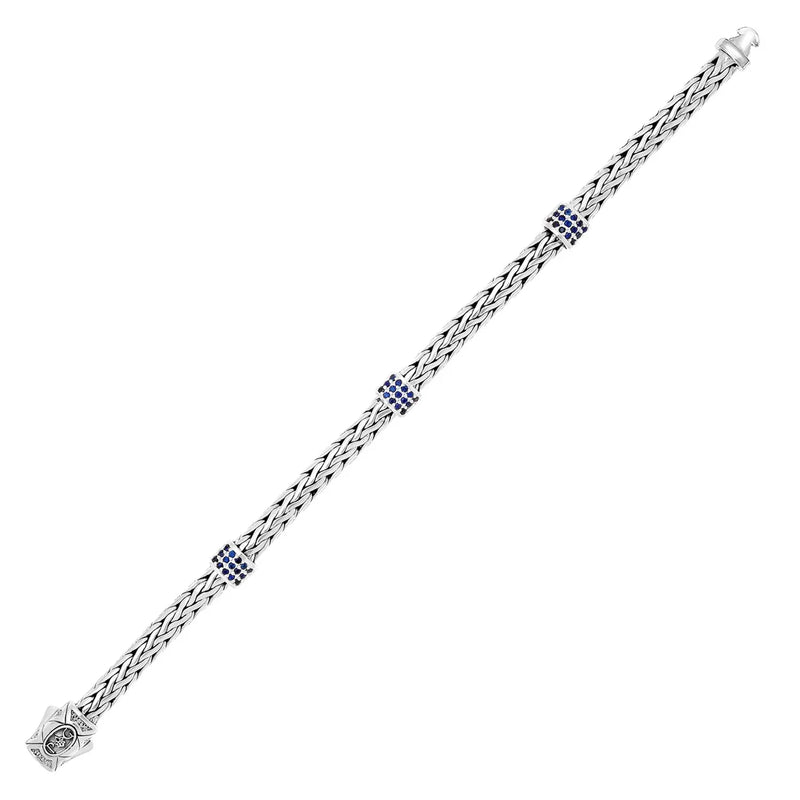 An image displaying Sterling Silver Woven Bracelet with Blue Sapphire Stations by Orca Market