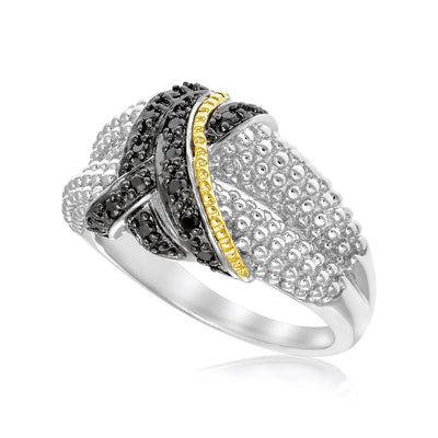 An image displaying 18k Yellow Gold & Sterling Silver Entwined Popcorn Ring with Black Diamonds by Orca Market