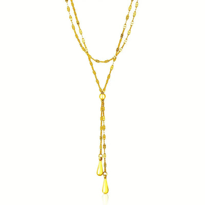 An image displaying 14k Yellow Gold Double Strand Chain with Puffed Heart Lariat Necklace by Orca Market