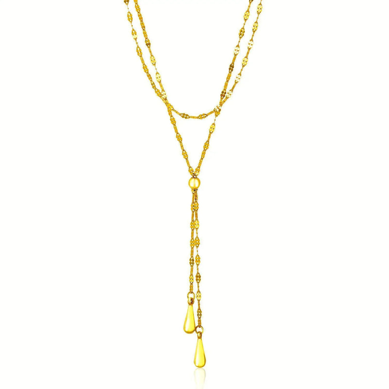 An image displaying 14k Yellow Gold Double Strand Chain with Puffed Heart Lariat Necklace by Orca Market