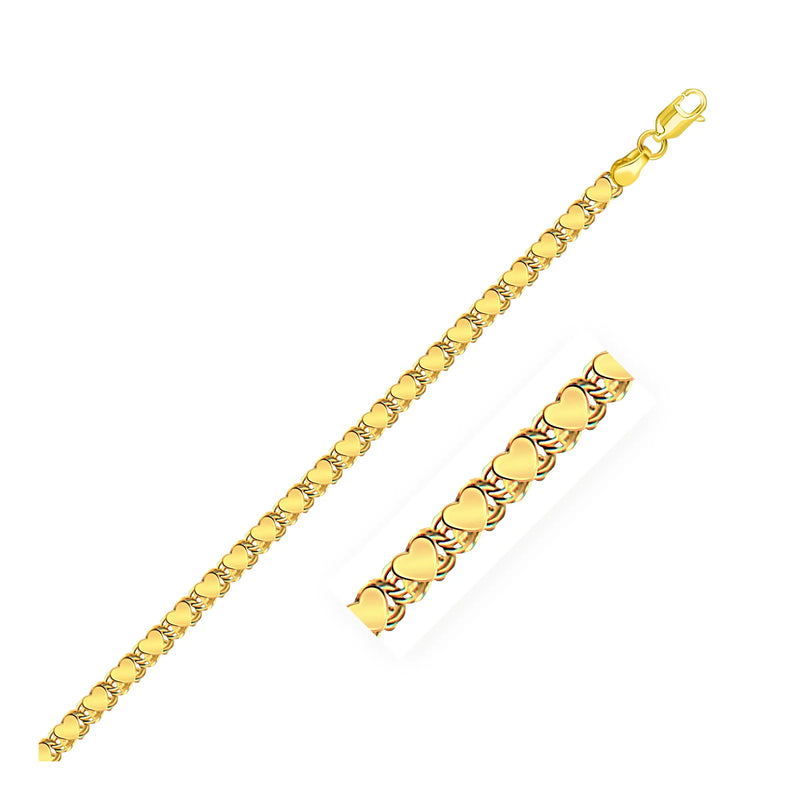 An image displaying 3.3mm 14k Yellow Gold Heart Bracelet by Orca Market