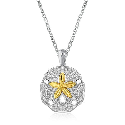 An image displaying Designer Sterling Silver and 14k Yellow Gold Sand Dollar Pendant by Orca Market