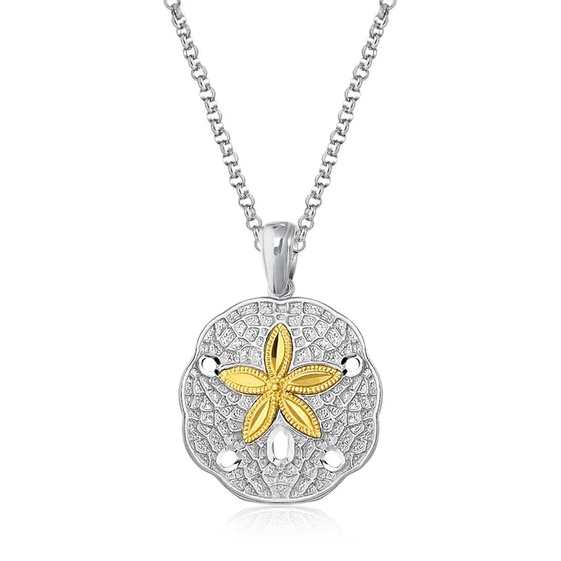 An image displaying Designer Sterling Silver and 14k Yellow Gold Sand Dollar Pendant by Orca Market