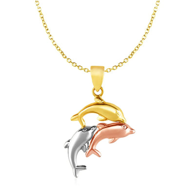 An image displaying Pendant with Three Dolphins in 10k Tri Color Gold by Orca Market