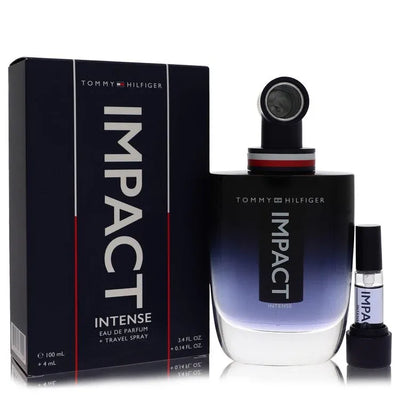 An image displaying Tommy Hilfiger Impact Intense by Tommy Hilfiger Eau De Parfum Spray + 0.14 Travel Spray 3.4 oz for Men by Tommy Hilfiger