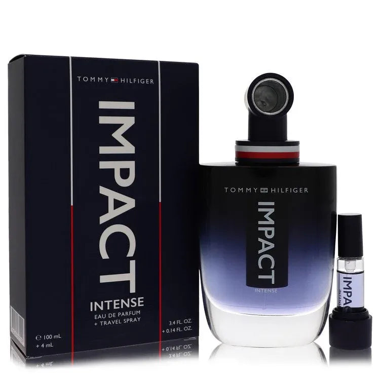 An image displaying Tommy Hilfiger Impact Intense by Tommy Hilfiger Eau De Parfum Spray + 0.14 Travel Spray 3.4 oz for Men by Tommy Hilfiger