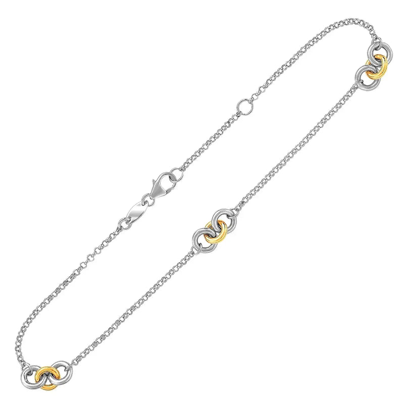 An image displaying 14k Yellow Gold and Sterling Silver Triple Ring Stationed Anklet by Orca Market