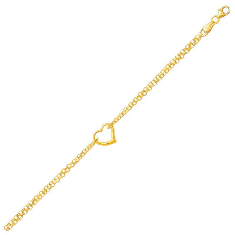 An image displaying 14k Yellow Gold Double Rolo Chain Anklet with an Open Heart Station by Orca Market
