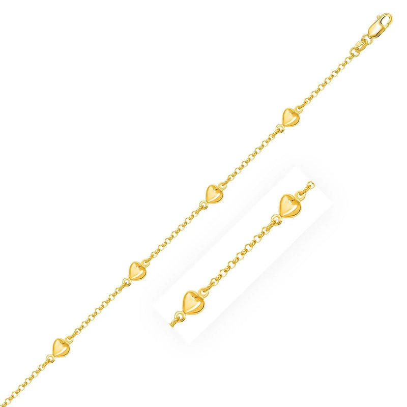 An image displaying 14k Yellow Gold Rolo Chain Bracelet with Puffed Heart Stations by Orca Market