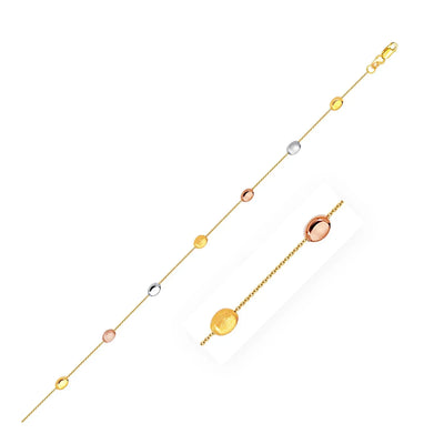 An image displaying 14k Tri-Color Gold Puffed Oval Shape Station Adjustable Anklet by Orca Market
