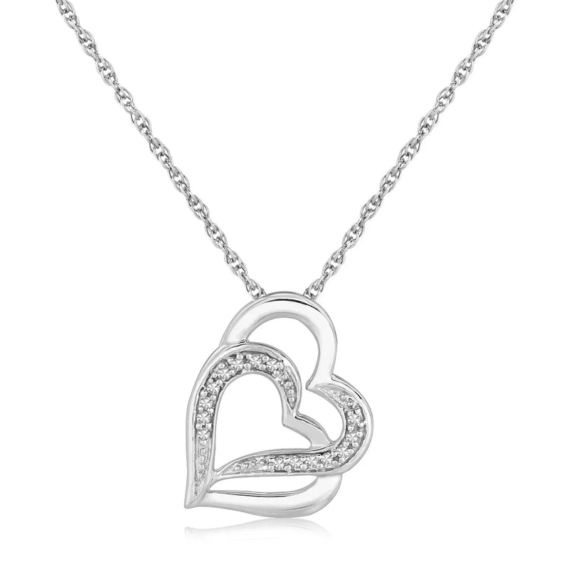 An image displaying Sterling Silver Dual Heart Motif Pendant with Diamonds (.06 cttw) by Orca Market
