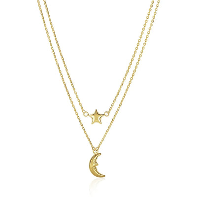 An image displaying 14k Yellow Gold Double-Strand Chain Necklace with Puff Moon and Star by Orca Market