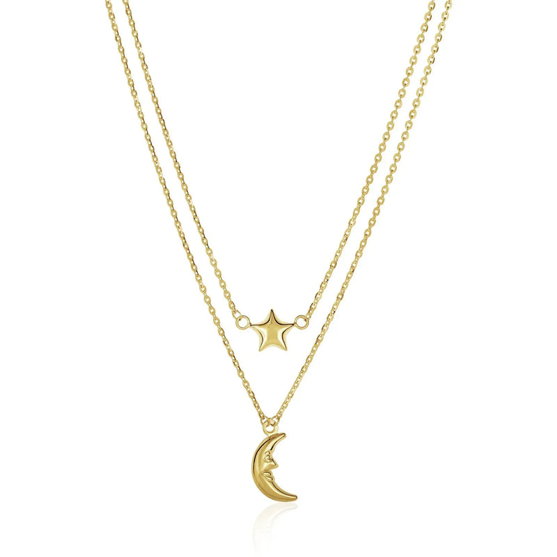 An image displaying 14k Yellow Gold Double-Strand Chain Necklace with Puff Moon and Star by Orca Market