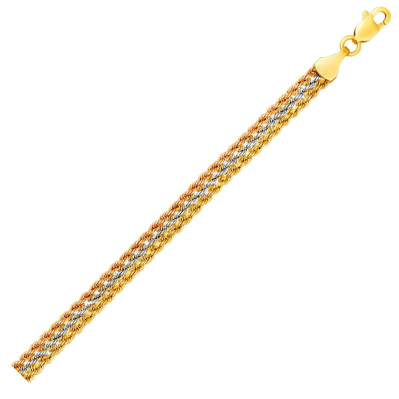 An image displaying Tri-Toned Multi-Strand Rope Chain Bracelet in 10k Yellow, White, and Rose Gold by Orca Market
