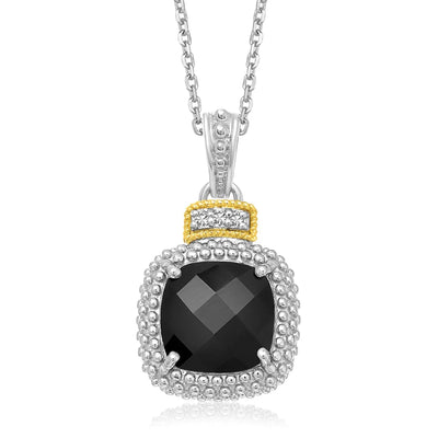 An image displaying 18k Yellow Gold & Sterling Silver Popcorn Cushion Black Onyx and Diamond Pendant by Orca Market