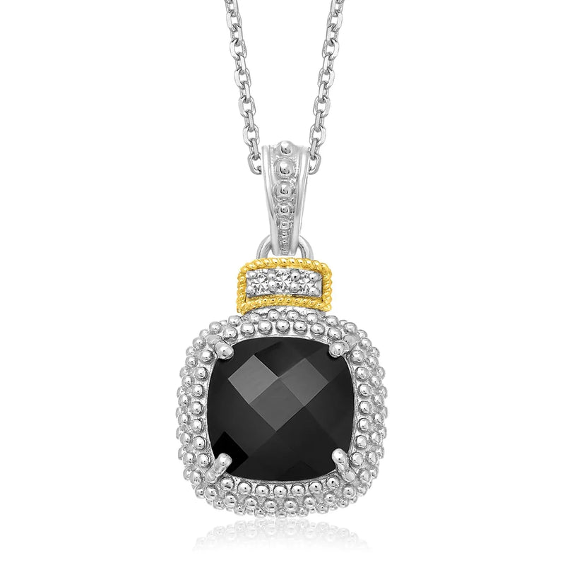 An image displaying 18k Yellow Gold & Sterling Silver Popcorn Cushion Black Onyx and Diamond Pendant by Orca Market