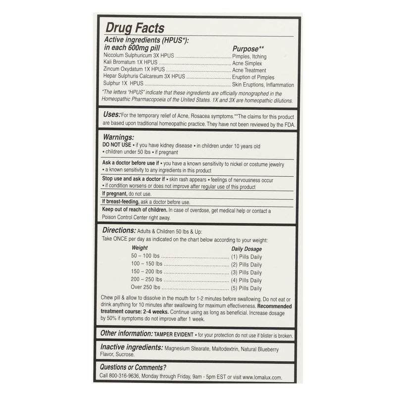 Loma Lux Laboratories Acne Pill - Chewable - Quick Dissolving - 60 Count - Orca Market