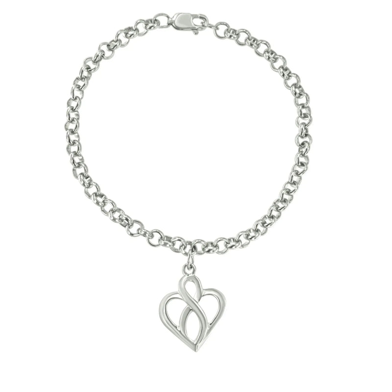 An image displaying .925 Sterling Silver Open Heart with Center Vertical Infinity Chain Charm Bracelet - Size 7" by Infinite Jewels