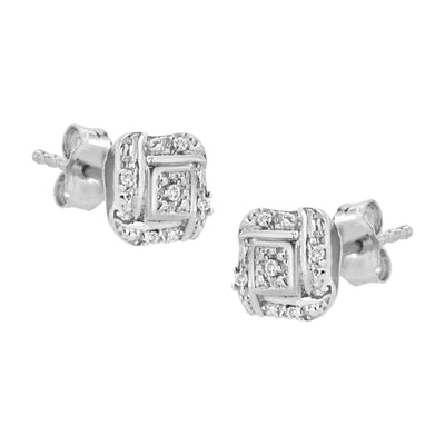An image displaying Sterling Silver Round Cut Diamond Square Stud Earrings (0.04 cttw, H-I Color, I2-I3 Clarity) by Infinite Jewels