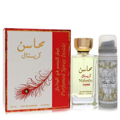 An image displaying Lattafa Mahasin Crystal by Lattafa Eau De Parfum Spray with 1.7 oz Deodorant Spray 3.4 oz for Women by Lattafa