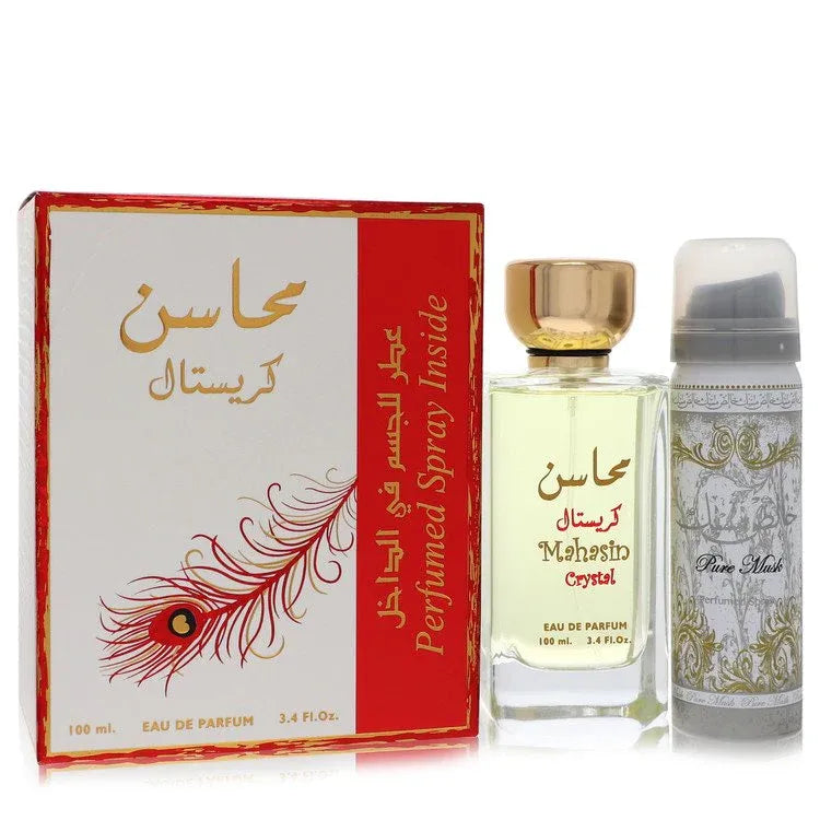 An image displaying Lattafa Mahasin Crystal by Lattafa Eau De Parfum Spray with 1.7 oz Deodorant Spray 3.4 oz for Women by Lattafa