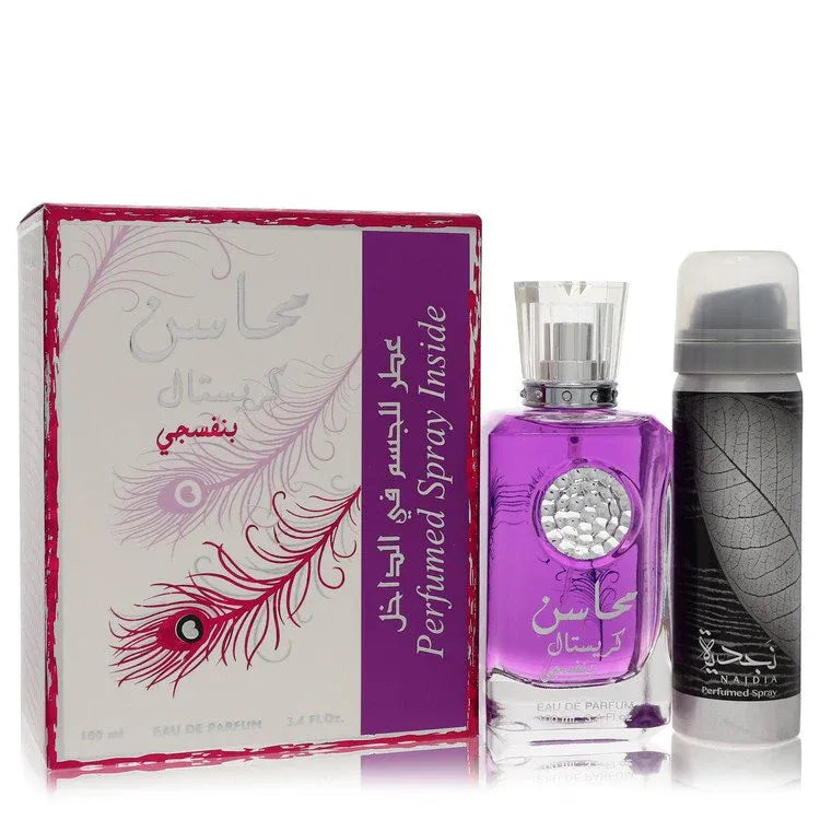 An image displaying Lattafa Mahasin Crystal Violet by Lattafa Eau De Parfum Spray with 1.7 oz Deodorant Spray 3.4 oz for Women by Lattafa