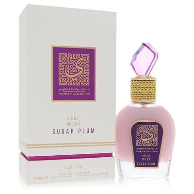 An image displaying Lattafa Musk Sugar Plum by Lattafa Eau De Parfum Spray 3.4 oz for Women by Lattafa