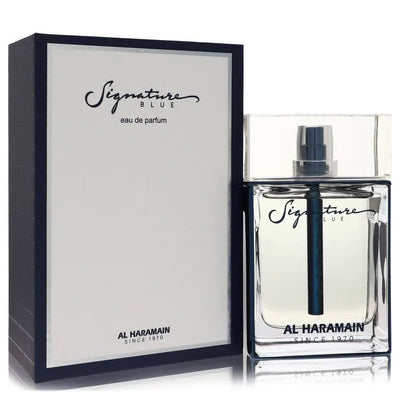 An image displaying Al Haramain Signature Blue by Al Haramain Eau De Parfum Spray 3.3 oz for Men by Al Haramain