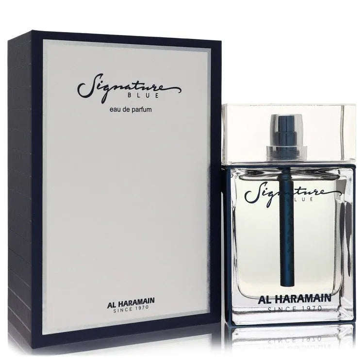 An image displaying Al Haramain Signature Blue by Al Haramain Eau De Parfum Spray 3.3 oz for Men by Al Haramain