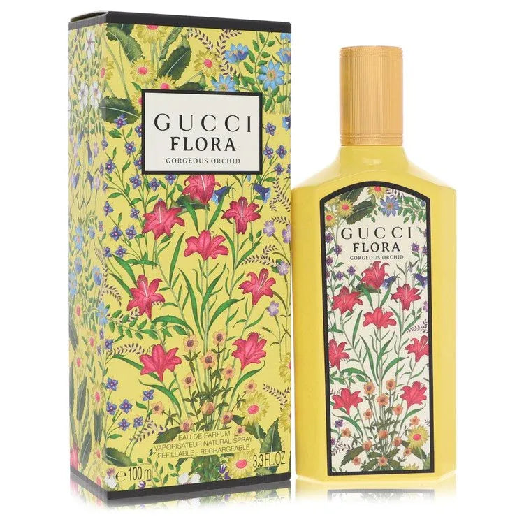 An image displaying Flora Gorgeous Orchid by Gucci Eau De Parfum Spray Refillable 3.3 oz for Women by Gucci