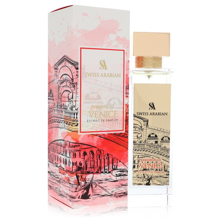 An image displaying Swiss Arabian Passion of Venice by Swiss Arabian Extrait De Parfum Spray (Unixex) 3.4 oz for Women by Swiss Arabian