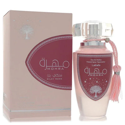 An image displaying Lattafa Mohra Silky Rose by Lattafa Eau De Parfum Spray 3.4 oz for Women by Lattafa