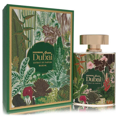 An image displaying Al Haramain Green Dubai by Al Haramain Extrait De Parfum Spray 3.3 oz for Women by Al Haramain
