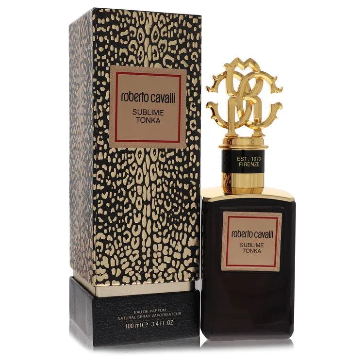 An image displaying Roberto Cavalli Gold Sublime Tonka by Roberto Cavalli Eau De Parfum Spray 3.4 oz for Men by Roberto Cavalli