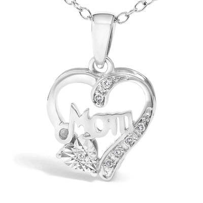 An image displaying .925 Sterling Silver Diamond Accent Mom with Heart Pendant Necklace (J-K Color, I2-I3 Clarity) - 18" Inches by Infinite Jewels