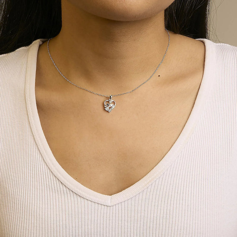 An image displaying .925 Sterling Silver Diamond Accent Mom with Heart Pendant Necklace (J-K Color, I2-I3 Clarity) - 18" Inches by Infinite Jewels