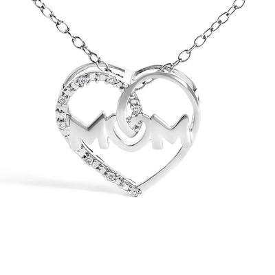 An image displaying .925 Sterling Silver Diamond Accent MOM Heart Pendant Necklace (J-K Color, I2-I3 Clarity) - 18" Inches by Infinite Jewels