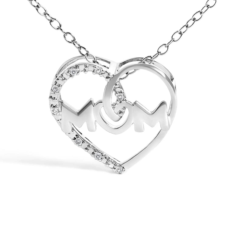 An image displaying .925 Sterling Silver Diamond Accent MOM Heart Pendant Necklace (J-K Color, I2-I3 Clarity) - 18" Inches by Infinite Jewels