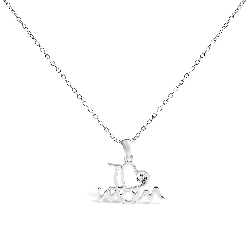 An image displaying .925 Sterling Silver Diamond Accent "I Love Mom" Heart Pendant Necklace (J-K Color, I2-I3 Clarity) - 18" Inches by Infinite Jewels