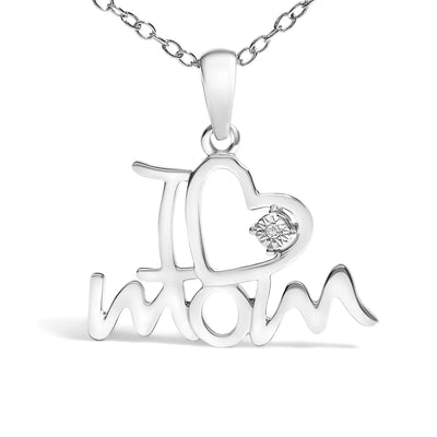 An image displaying .925 Sterling Silver Diamond Accent "I Love Mom" Heart Pendant Necklace (J-K Color, I2-I3 Clarity) - 18" Inches by Infinite Jewels