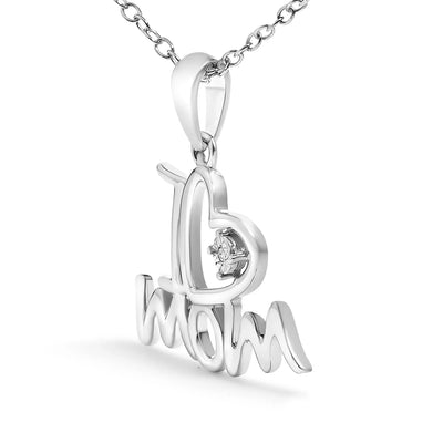 An image displaying .925 Sterling Silver Diamond Accent "I Love Mom" Heart Pendant Necklace (J-K Color, I2-I3 Clarity) - 18" Inches by Infinite Jewels