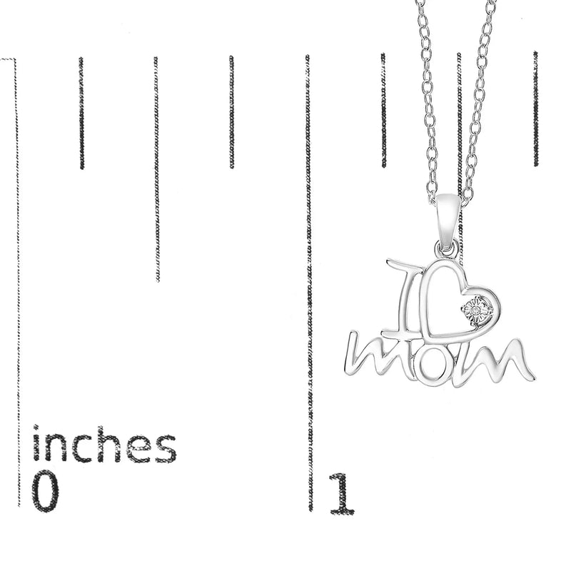An image displaying .925 Sterling Silver Diamond Accent "I Love Mom" Heart Pendant Necklace (J-K Color, I2-I3 Clarity) - 18" Inches by Infinite Jewels