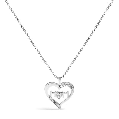 An image displaying .925 Sterling Silver Diamond Accent MOM with Heart Pendant Necklace (J-K Color, I2-I3 Clarity) - 18" Inches by Infinite Jewels