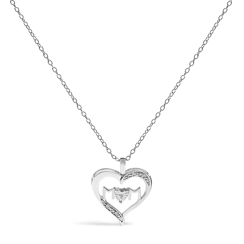 An image displaying .925 Sterling Silver Diamond Accent MOM with Heart Pendant Necklace (J-K Color, I2-I3 Clarity) - 18" Inches by Infinite Jewels