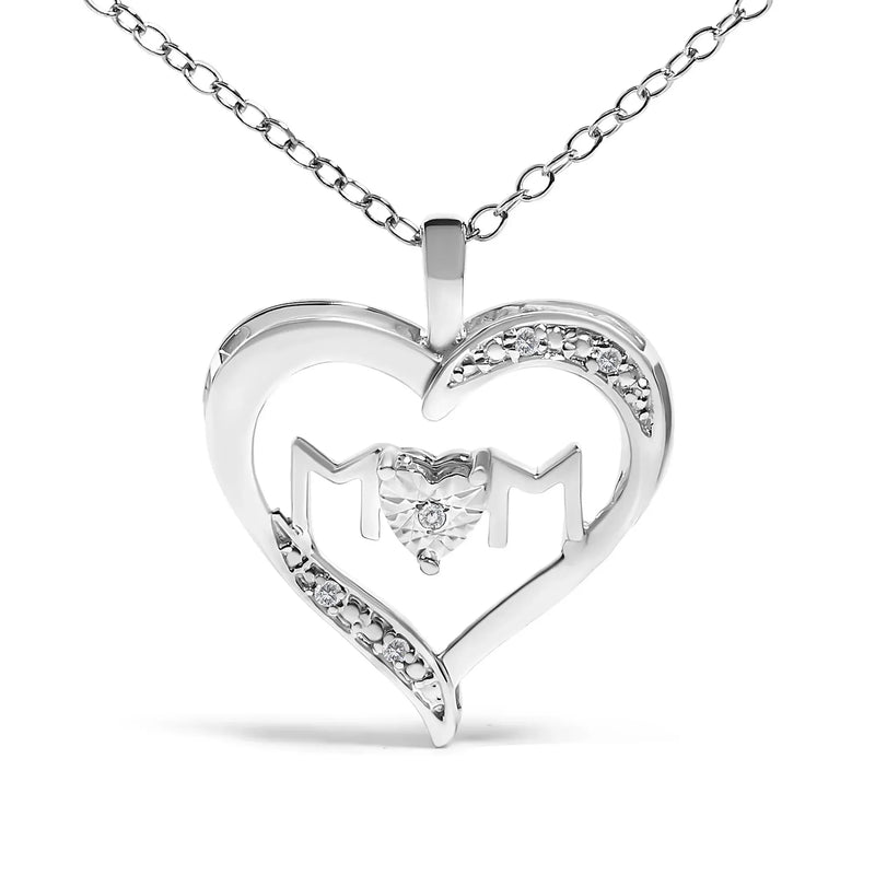 An image displaying .925 Sterling Silver Diamond Accent MOM with Heart Pendant Necklace (J-K Color, I2-I3 Clarity) - 18" Inches by Infinite Jewels