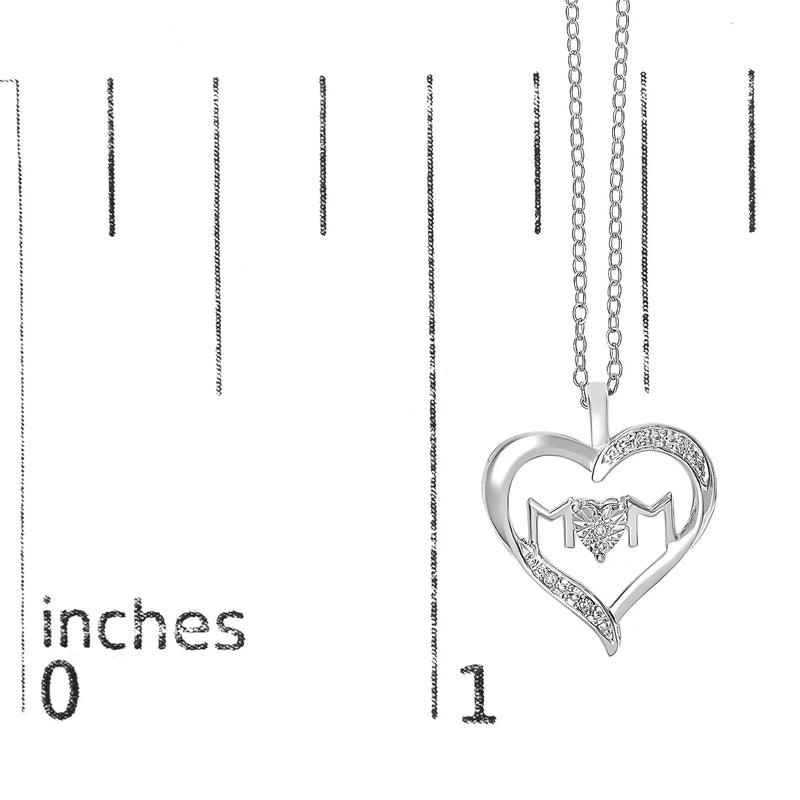 An image displaying .925 Sterling Silver Diamond Accent MOM with Heart Pendant Necklace (J-K Color, I2-I3 Clarity) - 18" Inches by Infinite Jewels