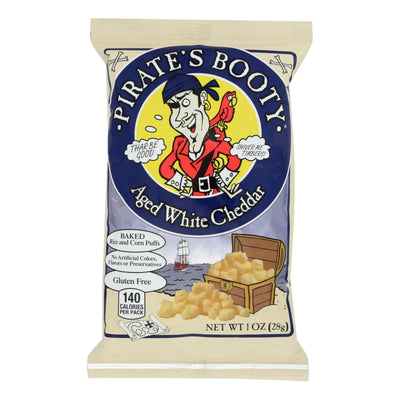 An image displaying Pirate's Booty Aged White Cheddar Baked Rice And Corn Puffs - Case Of 24 - 1 Ounce by Pirate's Booty®