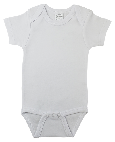 An image displaying White Interlock Short Sleeve Onezies by Bambini