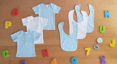An image displaying Blue And White Shirts With Bibs 6 Pc by Bambini